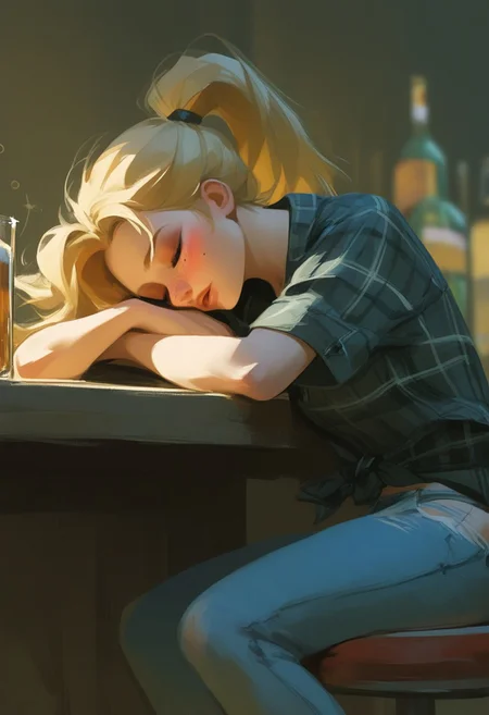score_9, score_8_up, score_7_up, score_6_up, score_5_up, score_4_up, manga, girl, Tied hair, black shirt, dismal, gloomy, face clearly visible, dutch angle, semi-realism, noise effect, sharp details, VHS,
BREAK
girl in knotted shirt, 1girl, denim, shirt, torn pants, jeans, pants, blonde hair, freckles, plaid shirt, mole, torn clothes, mole under eye, ponytail, torn jeans, long hair, bar background, dust, American, sitting on stool chair, cowgirl, beautiful, attractive woman, semi-realistic, depth of field, realistic, sleeping, closed, drunk, blushing, head rest on arms, sleeping on table, fainted, unconscious, strings,