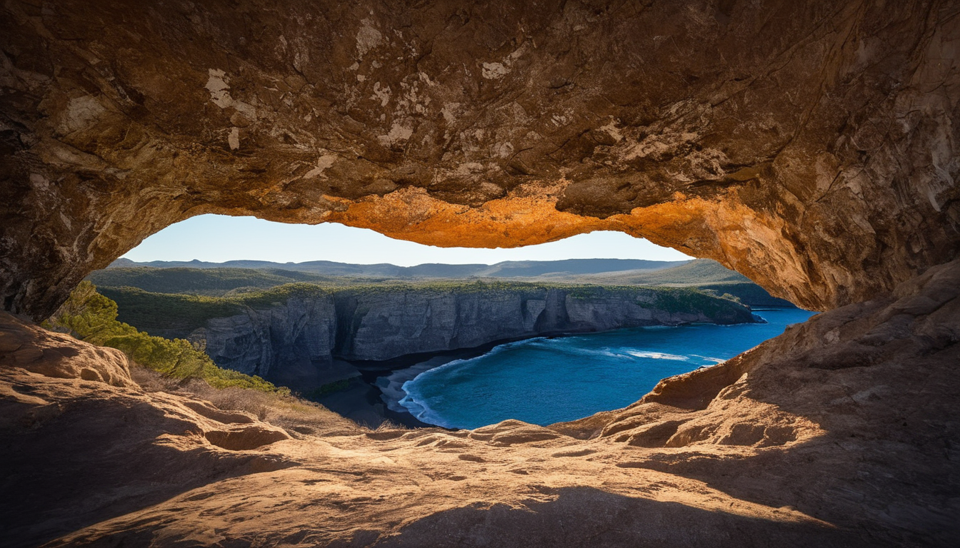amazing photograph of gorgeous view, award winning, breathtaking, photo of the year, 4k, hyperrealistic, dramatic lighting  <lora:Earth35_000010:0.4> <lora:Landscape_Unleashed:0.8>
 1. The image features a cave-like area that has a sunlit opening, allowing sunlight to enter through the natural tunnel created by two large rocks. 2. The sunshine creates an illusion of light coming out of the rock formation. 3. In the foreground, there is a person looking into the cave, possibly intrigued by the unique geological feature.