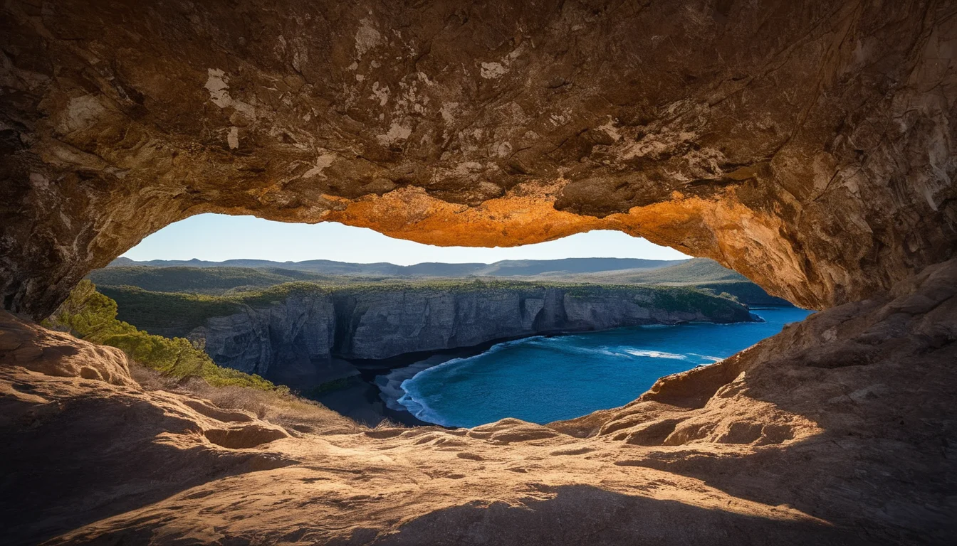 amazing photograph of gorgeous view, award winning, breathtaking, photo of the year, 4k, hyperrealistic, dramatic lighting <lora:Earth35_000010:0.4> <lora:Landscape_Unleashed:0.8>
1. The image features a cave-like area that has a sunlit opening, allowing sunlight to enter through the natural tunnel created by two large rocks. 2. The sunshine creates an illusion of light coming out of the rock formation. 3. In the foreground, there is a person looking into the cave, possibly intrigued by the unique geological feature.