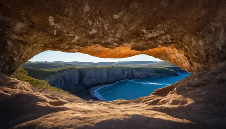 amazing photograph of gorgeous view, award winning, breathtaking, photo of the year, 4k, hyperrealistic, dramatic lighting <lora:Earth35_000010:0.4> <lora:Landscape_Unleashed:0.8>
1. The image features a cave-like area that has a sunlit opening, allowing sunlight to enter through the natural tunnel created by two large rocks. 2. The sunshine creates an illusion of light coming out of the rock formation. 3. In the foreground, there is a person looking into the cave, possibly intrigued by the unique geological feature.
