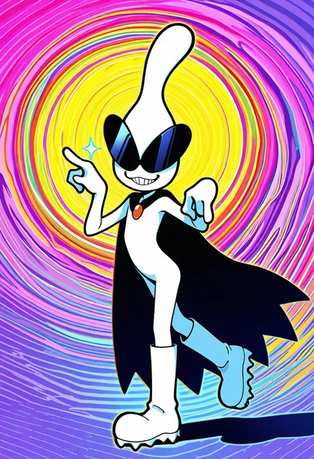 masterpiece, ultra detailed, amazing quality, absurdres, very aesthetic, solo focus, male focus, 1boy, 
orbulon_WW, white skin, alien, three fingers, sunglasses, covered eyes, knee boots, white footwear, spiked footwear, standing, brooch, cape, torn cape, :3, grin, teeth, sparkle, hands up, pointing, turning head, from side, leg up, standing on one leg, cowboy shot, slim, small butt, 
BREAK 
detailed shading, shadow, psychedelic background, multi-colored, WaiIL25PosC, g0th1c, glowing, neon lights,