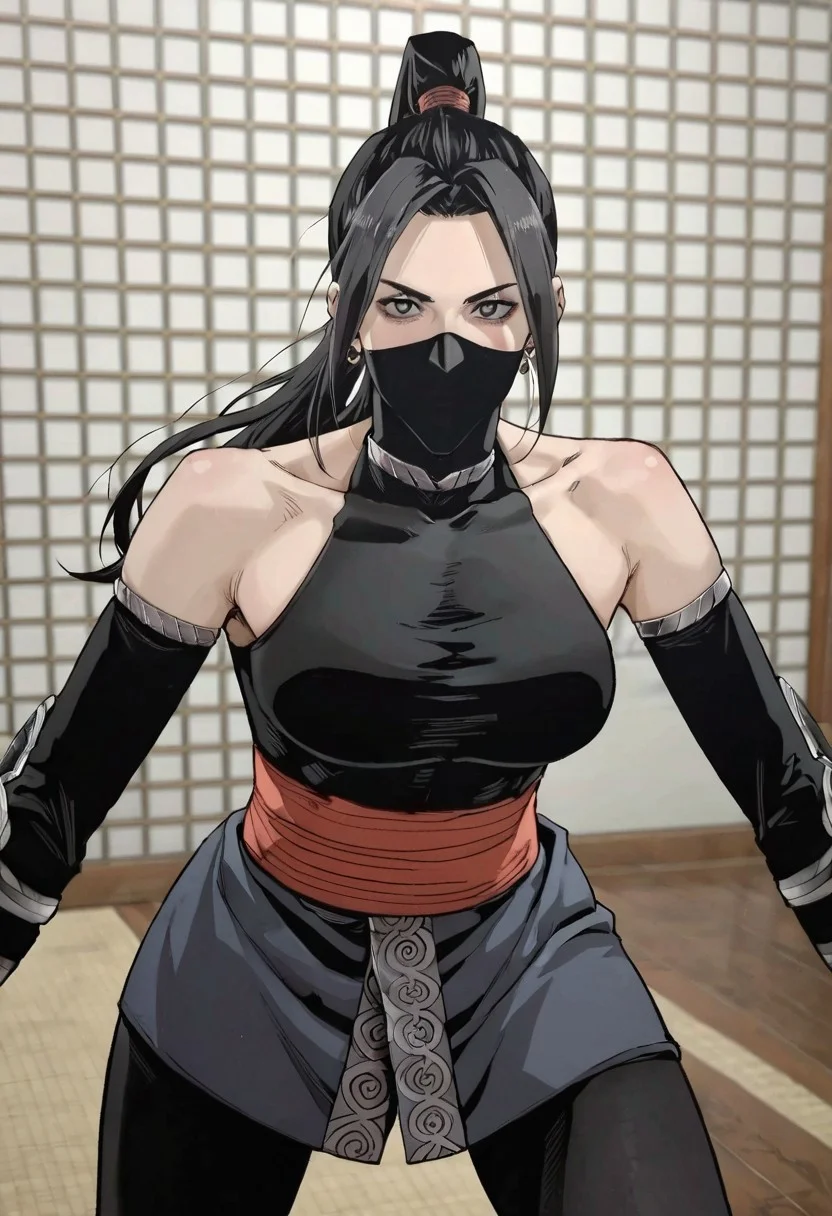 score_9, score_8_up, score_7_up, source_realistic, pov, close up, BREAK 1 girl, solo, huak bi, long hair, black hair, ponytail, ninja clothes, mouth mask, ninja mask, black crop top, bare shoulders, obi, elbow gloves, fingerless gloves, leather leggings , ninja boots, battle stance