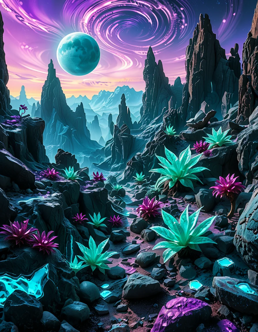 A breathtaking, high-resolution photograph of an alien planet with a surreal and otherworldly landscape. The sky is filled with two massive moons, casting an eerie glow over the terrain. Jagged rock formations, covered in bioluminescent moss, stretch across the horizon, glowing in shades of blue and purple. Strange, twisted plants with translucent leaves and pulsating veins grow from the cracked, iridescent soil. In the distance, towering crystalline mountains shimmer under the light of a distant red sun, their peaks enveloped in a misty, ethereal haze. The air is thick with floating luminescent spores, drifting like tiny fireflies. Rivers of liquid metal carve through the landscape, reflecting the vibrant alien sky. The atmosphere is a mix of neon blues, purples, and greens, creating a mesmerizing and futuristic scene, as if taken from the surface of a newly discovered exoplanet.
<lora:SDXLFaeTastic2400:0.4> <lora:extremely_detailed:0.4> extremely detailed,<lora:alien_pl4n3t:1>,alien pl4n3t