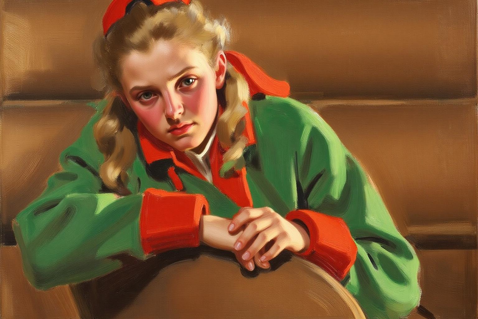 anderszorn1 painting.
A young blonde woman with a melancholic expression, shown close-up. She has light blonde hair styled in loose waves and is wearing a green coat with red accents, including a bright red scarf tied around her neck and red sleeves. She wears a small red cap. Her arms rest on the back of a chair. <lora:anderszorn2_cap_d6a3:1.0><lora:836642595703654453:0>