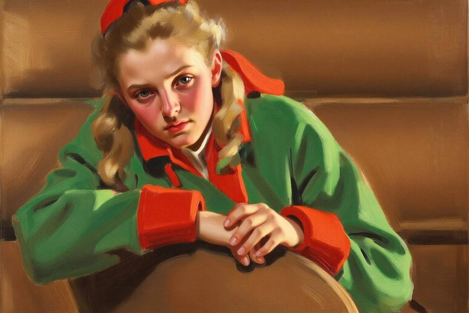 anderszorn1 painting.
A young blonde woman with a melancholic expression, shown close-up. She has light blonde hair styled in loose waves and is wearing a green coat with red accents, including a bright red scarf tied around her neck and red sleeves. She wears a small red cap. Her arms rest on the back of a chair. <lora:anderszorn2_cap_d6a3:1.0><lora:836642595703654453:0>