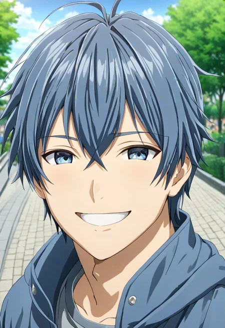 high resolution, solo, best quality, 1Boy, Tomoya Okazaki, Grey Blue Hair, Looking at viewer, happiness, depth of field, half body, outdoor, OverallDetail