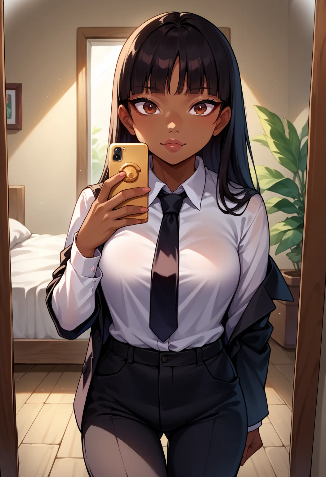 score_9, score_8_up,score_7_up, source_anime, rating_questionable, 1girl,solo, <lora:EPrtedChel-10:1>, EPrtedChel, long hair, black hair, straight hair, brown eyes, blunt bangs, dark-skinned female, dark skin,very dark skin, business suit, black pants, white collared shirt, black suit, black jacket, black necktie, selfie, taking picture, mirror selfie, bedroom, bed, mirror,