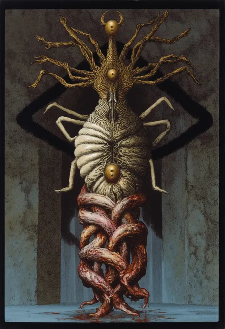 b3rs3rk macro lens d4concept pov, 3D01S, simple background d4artstyle atmospheric and powerful MikeFranchinastyle dark fantasy, natural organic and first person pov of a berserk style creature in the
Tsutomu Nihei style
Biomechanical eldritch horror, 8k ultra-detailed grotesque fantasy. Towering vertical creature with writhing tentacular mass. Central cylindrical body structure with ornate bone-white chitin plates and spiraling organic patterns. Multiple serpentine appendages ending in spherical golden pods, dripping viscous fluid. Upper portion crowned with elaborate curling tendrils resembling baroque scroll work, black against cream coloring.
Body texture transitions between polished ivory carapace and soft, translucent flesh in amber and crimson hues. Anatomical fusion of cephalopod and insectoid elements. Segmented exoskeleton with exposed organic matter between plates. Multiple jointed limbs with arthropod-like articulation. Vertical orientation suggests deep sea creature adapted to land.
Ethereal lighting emphasizing organic-mechanical fusion. Environment suggests ancient ruins or forgotten temple. Hyper-detailed texturing on both hard and soft tissue. Style merges biological horror with classical architectural elements.
UHD letterboxed game trailer frame chromatic aberration dark atmosphere sharp masterpiece with a focus on the character, elden ring style, dark atmosphere, chromatic aberration