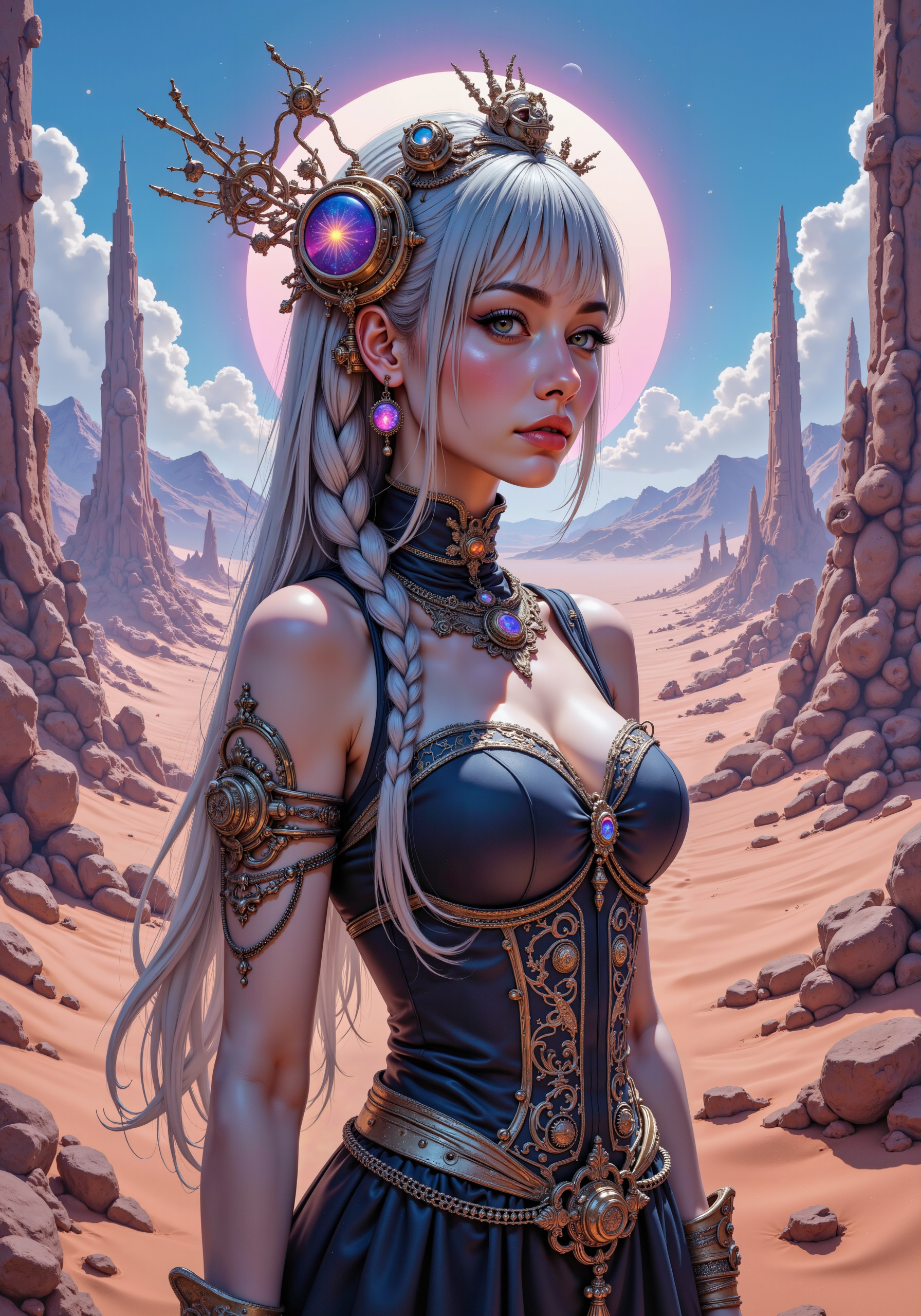 A high detail digital painting portrait of a mysterious femme mystic standing amidst an iridescent neon desert and futuristic cityscape. The subject, with flowing silver hair braided with luminous metallic threads, wears a fusion of vintage steampunk corsetry and modern cybernetic embellishments. Intricate ornate headdress adorned with delicate gears and celestial motifs, embodying a perfect blend of ancient tribal elegance and avant-garde digital surrealism. Full body image captured from a dynamic side angle, showcasing enigmatic eyes, refined posture, and radiant, photorealistic textures mixed with abstract quality. Masterpiece rendering, 8k resolution, ultra-detailed, brilliant holographic ambient light, surreal atmosphere, and rich cultural symbolism. <lora:DND_GRAINYBOYZ_FG_FLUX_V2_ROMULUS_Lora:0.2> <lora:Chris_Luka:0.2> <lora:Anime realistic V2:0.5> <lora:MushyFunk:0.4> <lora:SameFace_Fix:0.8> <lora:nwsj_flux0924:0.1> <lora:flux_dev:1>