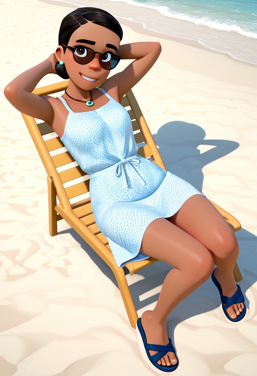 masterpiece, best quality, amazing quality, accurate style, detailed face, accurate colors, detailed eyes,
0lg4EL10, pixar style, 1girl, dark skin, black hair, hair bun, brown eyes, slicked hair, solo, 3d,
beach dress, sunglasses, sandals, necklace,
smiling, sitting on beach chair, relaxed, arms behind head,
beach, dramatic angle, full body, lounging,