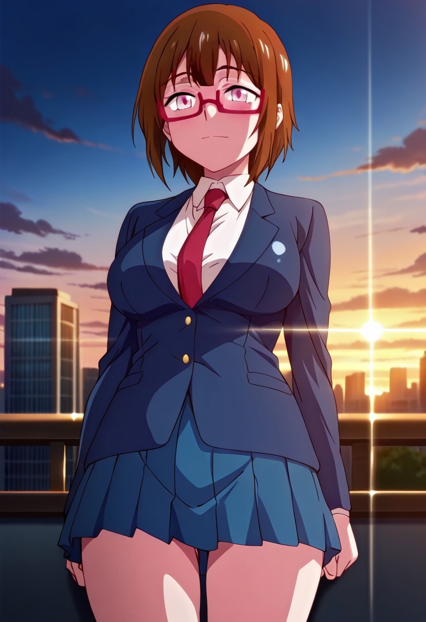 ((masterpiece, absurdres)), best quality, amazing quality, newest, 4k, anime coloring, very aesthetic, ray tracing, Smooth Quality, CG, source_anime,
city view,dusk lighting,chitose, 1 female, brown hair, pink eyes, red glasses, short hair, school uniform, ties,miniskirt