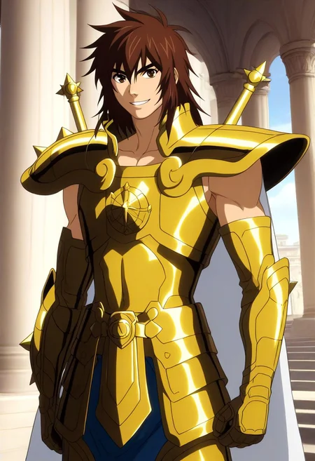((masterpiece)), ((best quality)), ((ultra-detailed)), ((absurdres)), score_9_up, score_8_up, score_7_up,
HD, top quality, best quality, amazing quality, High-quality illustrations, anime screencap, source_anime, best aesthetic, perfect proportions, perfect eyes, 1boy, 1male, solo boy, solo male, male focus, solo male focus, Anime, boy, male anime character, anime boy, handsome, cute, charming, sexy, good-looking, ((lean body, toned body, fit body, muscular body, slim waist, small waist)), Libra Dohko, brown hair, ((long hair, shoulder-length hair)), brown eyes, gray leggings, Saint Seiya armor, golden full armor, right arm shield, gray leggings, long white cape, ((head to hips shot, cowboy shot)), ((smile)), ((Ancient Greece, Greek temple, temple pillars)), easynegative, updn, Expressiveh, masterpiece, best quality, very aesthetic, absurdres