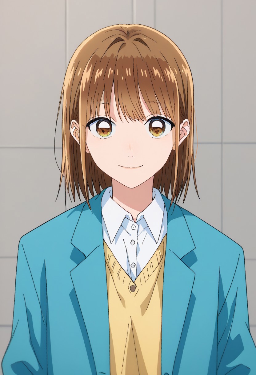 score_9, score_7_up, source_anime, 
chinatsu, 1girl, solo, brown eyes, brown hair, bangs, school uniform, shirt, white shirt, collared shirt, cardigan, jacket, blazer, blue jacket, long sleeves, open jacket, open clothes, smile
outfoor,