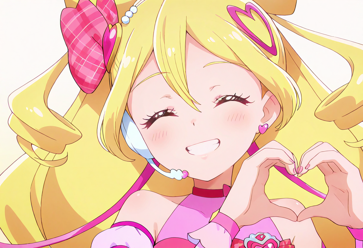 masterpiece, best quality, absurdres, very aesthetic, general,
cure idol, 1girl, blonde hair, solo, smile, closed eyes, long hair, grin, heart hair ornament, heart hands, blush, drill hair, pink bow, hair bow, eyelashes, eyebrows visible through hair, twin drills, two-tone hair, portrait, facing viewer, teeth, ok sign, pink choker, upper body, shiny hair, eyepatch, ^ ^, multicolored hair, headset, heart earrings, wrist cuffs, bare shoulders, pink sleeves, happy, face, streaked hair, open mouth, detached sleeves, gradient hair, floating hair, gradient background, simple background, yellow background, arm warmers, pink hair, looking at viewer, red bow, pink nails, fingernails, white background, ponytail, :d, big hair, dress, long sleeves, clenched teeth, collarbone, parted lips, hair between eyes, plaid bow, heart hair, anime coloring, heart brooch, hair beads,
<lora:cure_idol_sakura_uta_illustXL_locon_v1:0.8>