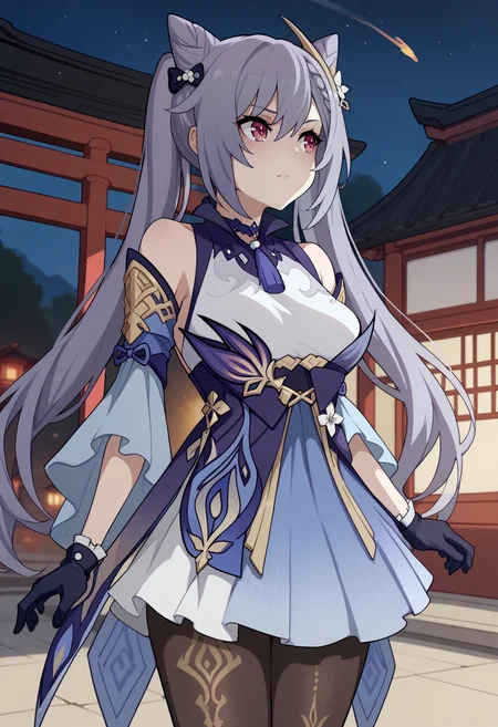 score_9, score_8_up, score_7_up, score_6_up, BREAK, cowboy shot, outdoors, east asian architecture, night, starry sky, 1girl, keqing \(genshin impact\), dress, detached sleeves, gloves, pantyhose, medium breasts, looking to the side, <lora:KakureEriaPDXL-07:1>