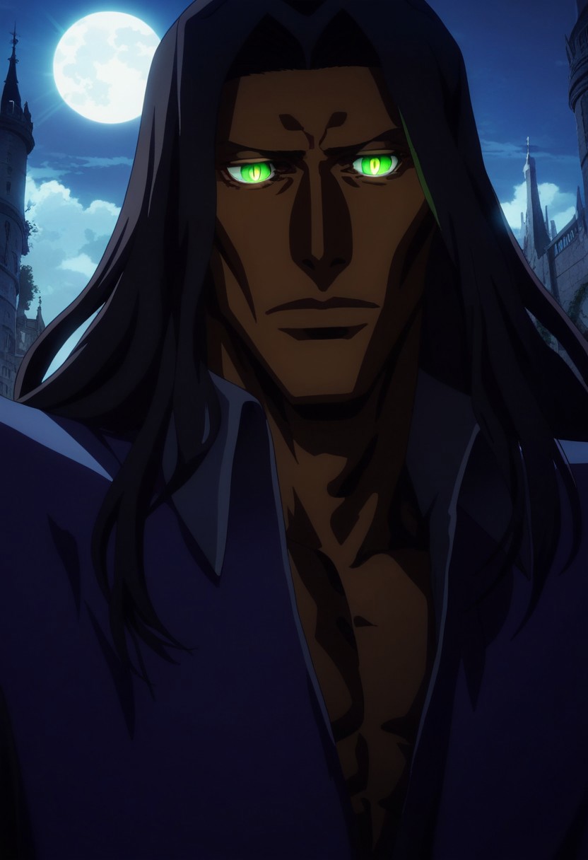 score_9, score_8_up, score_7_up, score_6_up, score_5_up, score_4_up, castlevania_(netflix), castlevania style, castl3van1a5tyl3, (olrox), (perfect face, perfect eyes), BREAK, 1male, long black hair, dark-skinned_male, dark skin,, eyelashes, bleach style, (green eyes, glowing eyes, slit_pupils), fancy clothes, castlevania style, light shining, rays of light, night, Outside at night, a walled village in the distance, towers, stone,AddXL, sm_an_stl ,source_anime, anime screencap, anime, animification