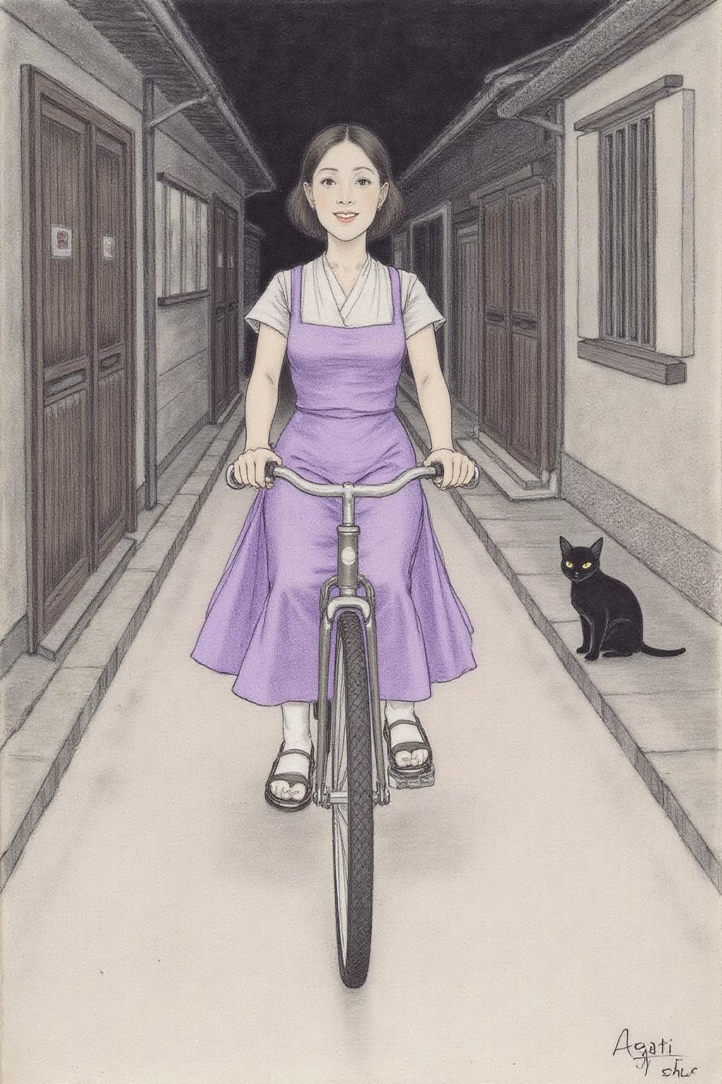 hansho1 monochromatic pencil drawing,
A Japanese school girl riding a old style bicycle through a narrow, quiet street at night. The happy woman wears a simple, flowing purple dress. In the corner, a small black cat with piercing eyes sits watching her quietly. The mood is tranquil and slightly magical. <lora:hansho2_nocap_d6a3e12:1.0><lora:817311338746498454:0>
