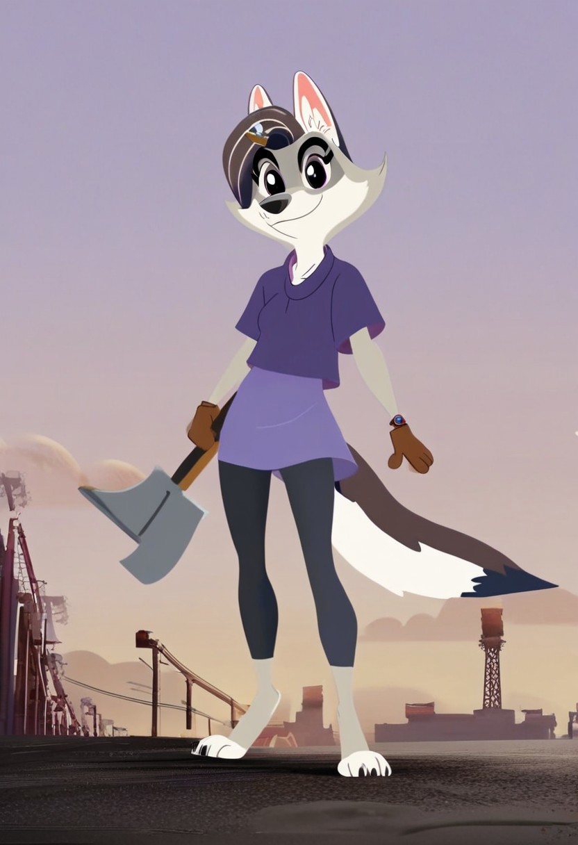 score_9,score_8,score_7,source_furry,
v10l3tw0lf,
furry female, violet_wolf, violet_wolf_great_wolf_lodge, wolf girl, female, 1girl, solo, tail, animal ears, furry, claws, looking at viewer, purple eyes, locomotive cab, locomotive cab background, short sleeves, multicolored hair, hairclip, body fur, artist name, barefoot, purple shirt, official art, official style,
Stable_Yogis_PDXL_Positives, engineer, engineer hat, hat, holding a shovel, brown gloves, gloves, smile,