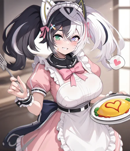 masterpiece,best quality,newest,absurdres,amazing quality,very aesthetic,depth of field,steaming body,steam,come hither,
film grain,chromatic aberration,backlighting,dappled sunlight,
cowboy_shot,1girl,solo,holding tray,omurice,spoken heart,
pink dress,apron,white apron,frills,hair bow,blue bow,maid apron,maid headdress,chest bow,pink bow,wrist cuffs,belt,back bow, no belt,
<lora:ç«é²¨2(noob)-000009:1>,9c,mechanical headwear,bandaid hair ornament,hair between eyes,twintails,medium hair,multicolored hair,black hair,white hair,heterochromia,green eye,blue eye,