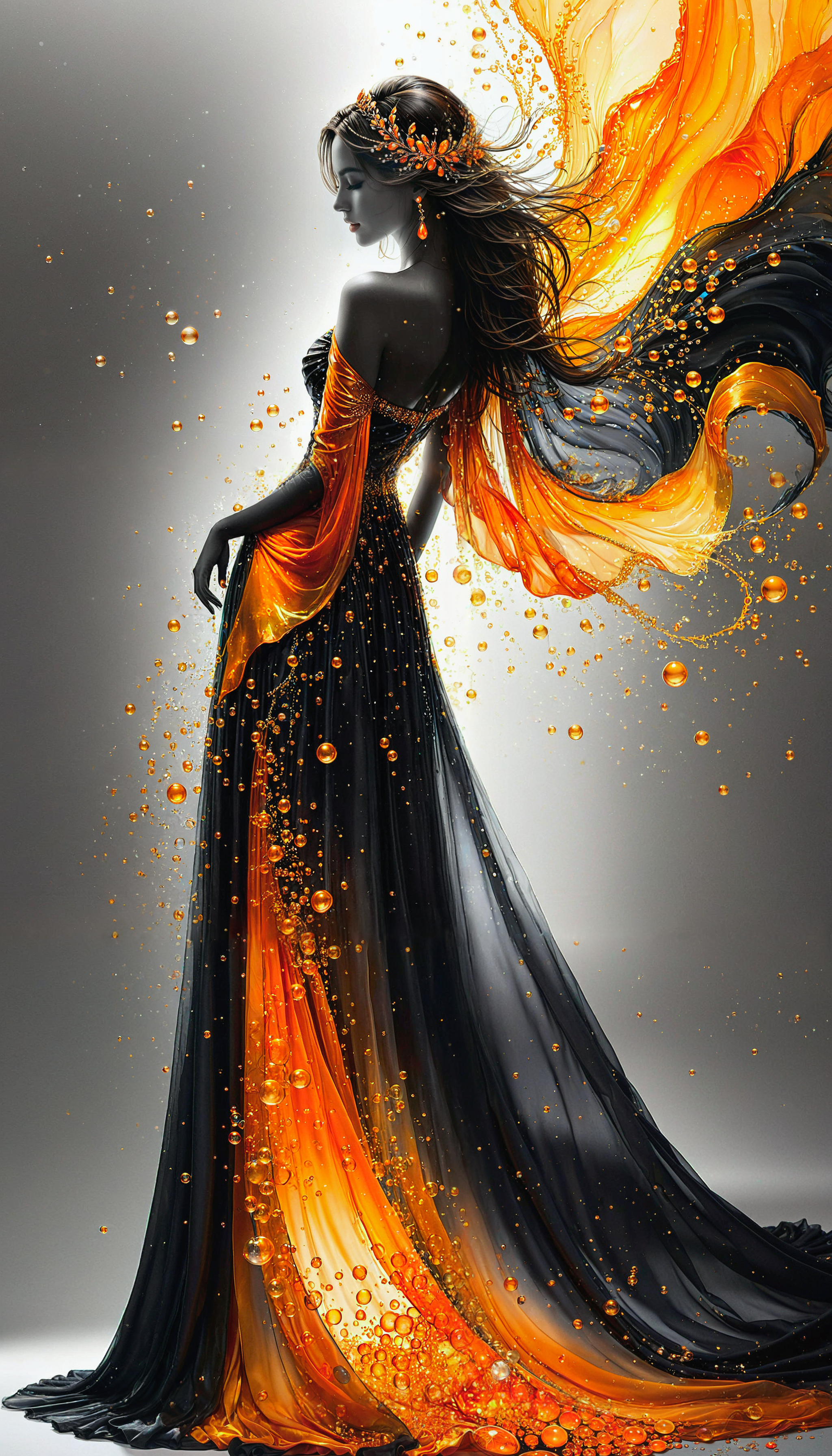 (Silhouette Art), breathtaking ((photorealistic  faetastic  beauty extravaganza (alcohol ink sketch))). (dark ashen gray hues and fine gleaming vibrant orange accents and shiny [gold countours outlines lines] color scheme:1.02). glossy.
a beautiful charming noble young woman, closed eyes, beautiful lips, glossy flowing long hair, orange headdress, shiny earring, very long black and orange glossy silk dress, a lot shiny bubbles of vibrant orange water, soft gradient of hues of gray background. 
<lora:InkArtXL_1.2:0.4> <lora:FaeTastic:0.4>  <lora:Dance_Art:0.6>