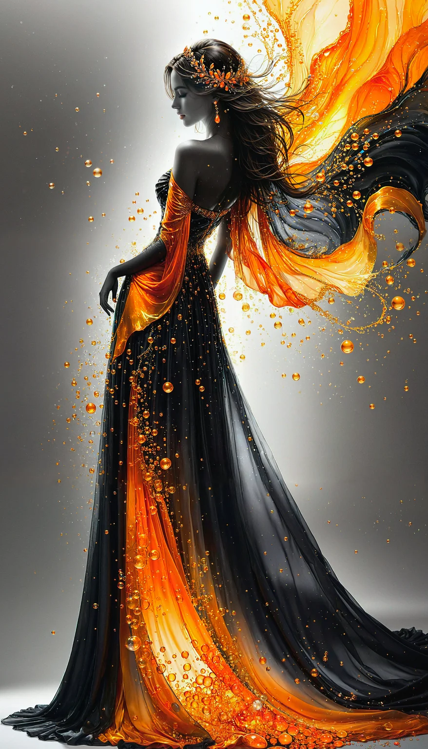 (Silhouette Art), breathtaking ((photorealistic  faetastic  beauty extravaganza (alcohol ink sketch))). (dark ashen gray hues and fine gleaming vibrant orange accents and shiny [gold countours outlines lines] color scheme:1.02). glossy.
a beautiful charming noble young woman, closed eyes, beautiful lips, glossy flowing long hair, orange headdress, shiny earring, very long black and orange glossy silk dress, a lot shiny bubbles of vibrant orange water, soft gradient of hues of gray background. 
<lora:InkArtXL_1.2:0.4> <lora:FaeTastic:0.4>  <lora:Dance_Art:0.6>