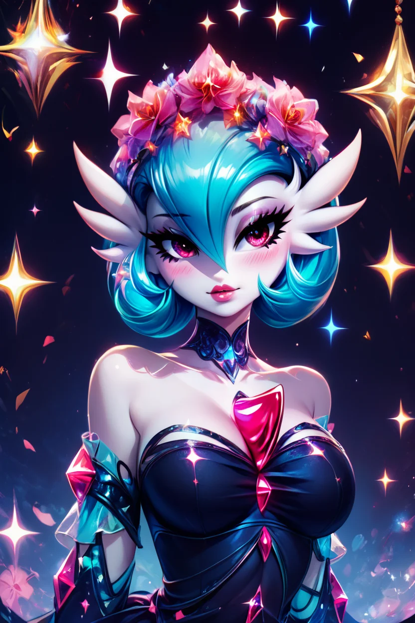 score_9, score_8_up, score_8, medium breasts, (curvy), cute, eyelashes, BREAK, , zzshinygardevoir, dress, bare shoulders, medium breasts, standing, collarbone, black dress, gloves, elbow gloves, strapless dress <lora:Shiny_Mega_Gardevoir_PDXL:1.0>, , BREAK, (ultra realistic,32k, masterpiece:1.2),(high detailed skin:1.1),( high quality:1.1), curvy, head tilt, hearts, blush, lips, closed mouth, curvy, head tilt, shiny clothes, (upper body), looking at viewer, bokeh, luminescent background, ,,, embedding:zPDXL, Expressiveh, ,,, <lora:RlAnmPDXL:1.0>,