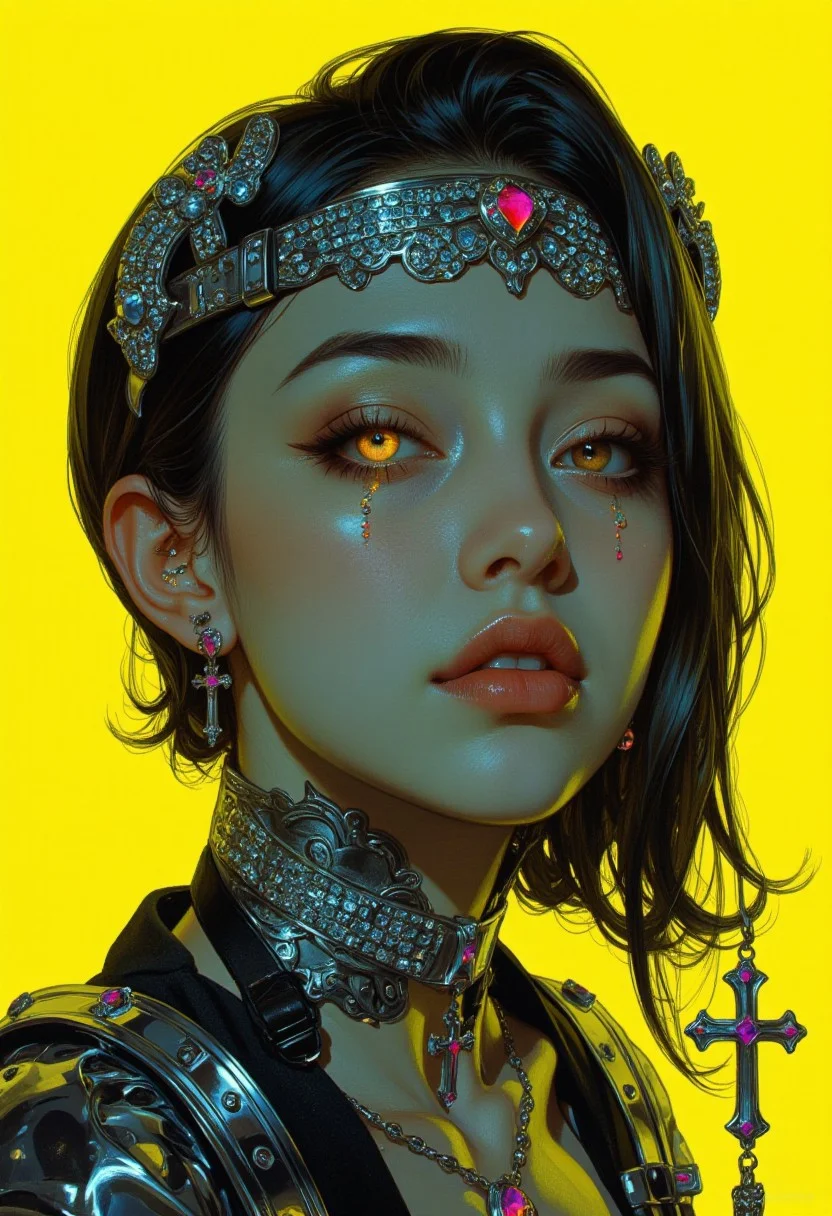 A highly detailed digital illustration in a futuristic, sci-fi style, featuring a close-up of a woman with an expressionless face against a bold yellow background. Her metallic chrome skin gleams with a mirror-like finish, reflecting light dynamically. Her glowing neon eyes radiate intense luminescence, while vibrant neon tears stream down her cheeks, adding an emotive and surreal touch. The intricate play of light on her chrome surface emphasizes the fluidity of her form. She is adorned with dazzling ornaments of diamond simulants and rhinestones, including a fully encrusted mouth mask that shimmers with an ethereal brilliance. A gothic-inspired holy cross ear-piercing adds an element of dark elegance, seamlessly blending futuristic and gothic aesthetics. The metallic monochrome tones of her skin contrast sharply with the vibrant hues of her glowing features, creating a striking gradient effect. Subtle highlights contour her face, drawing focus to her enigmatic presence. This intricate composition merges dark fantasy and cutting-edge technology, crafting a mesmerizing fusion of ethereal beauty and futuristic surrealism.