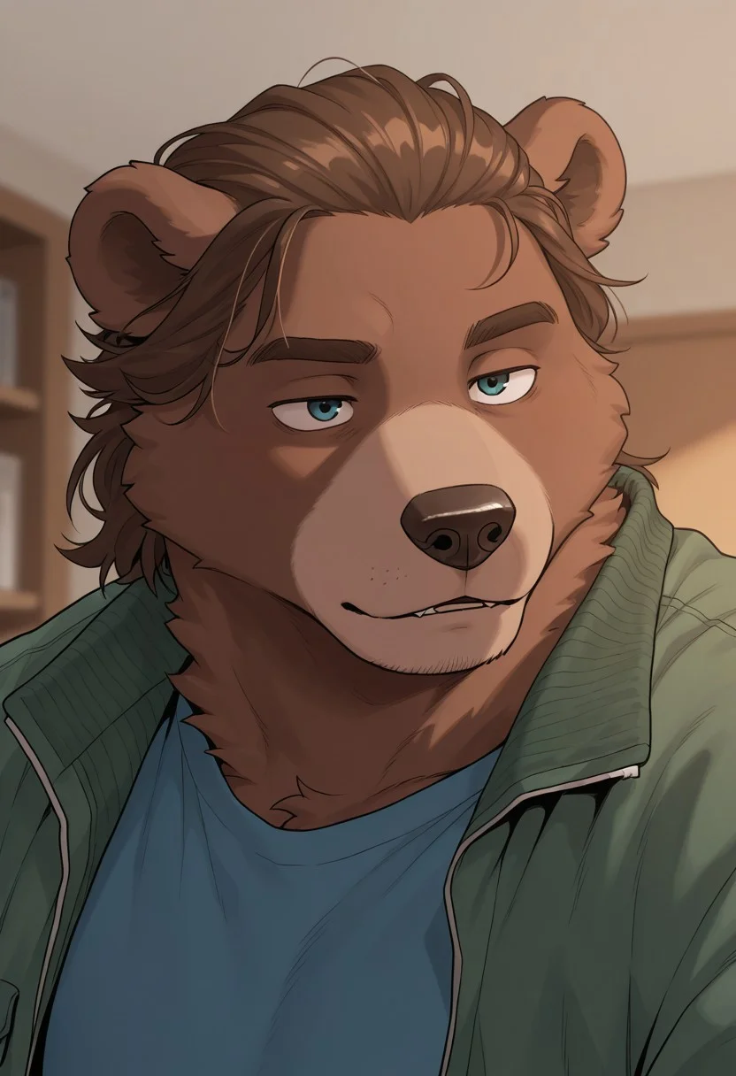 masterpiece, best quality, amazing quality, solo, 1boy, bear, furry bear, bearian, hairstyle backwards, blue tshirt, green jacket, close up, shirt,