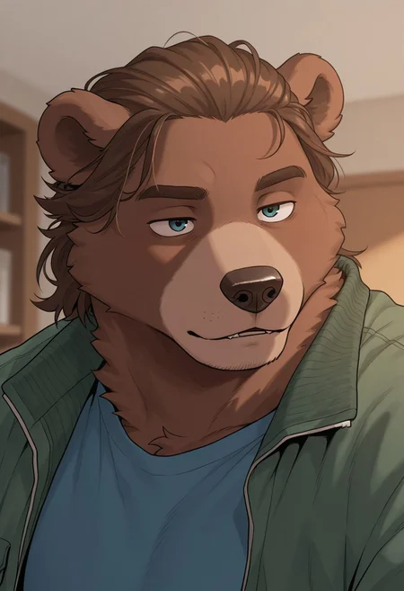 masterpiece, best quality, amazing quality, solo, 1boy, bear, furry bear, bearian, hairstyle backwards, blue tshirt, green jacket, close up, shirt,