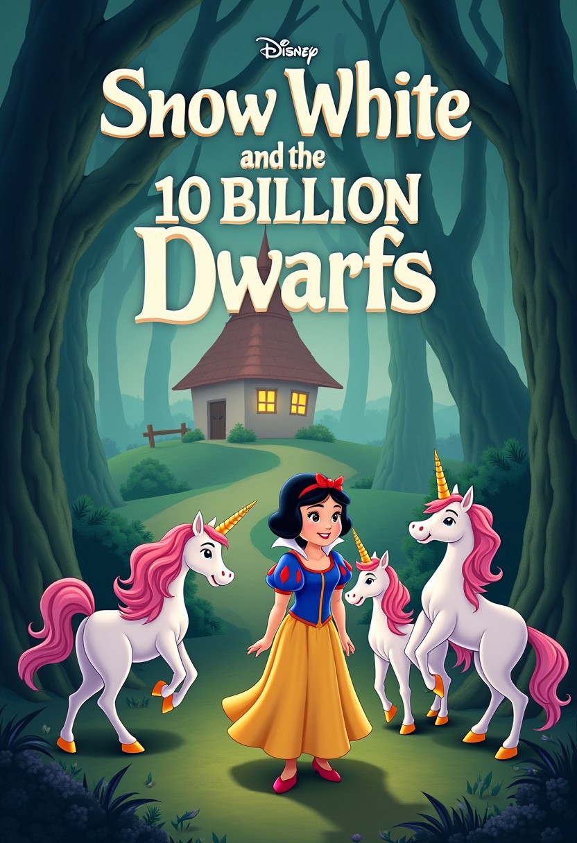 a Disney movie parody poster. digital illustration of a movie poster titled "Snow White and the 10 Billion Dwarfs", With a forest background, and a little house in the background too, And a bunch of totally random unicorns.
