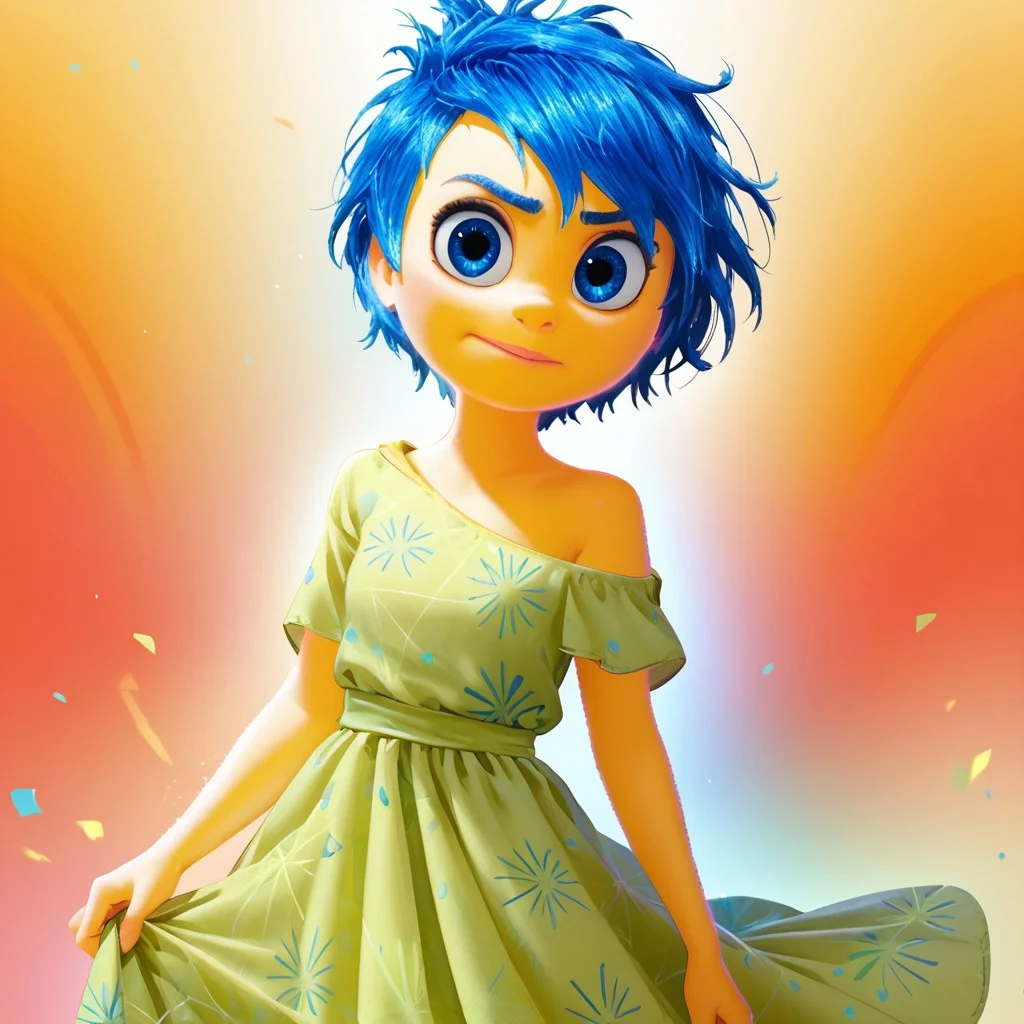 score_9, score_8_up, score_7_up, score_6_up, score_5_up, score_4_up, JoyEmotion, glowing, 1girl, looking at viewer, blue hair, yellow skin, colorful background, blue eyes, loose dress, exposed shoulder