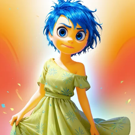 score_9, score_8_up, score_7_up, score_6_up, score_5_up, score_4_up, JoyEmotion, glowing, 1girl, looking at viewer, blue hair, yellow skin, colorful background, blue eyes, loose dress, exposed shoulder