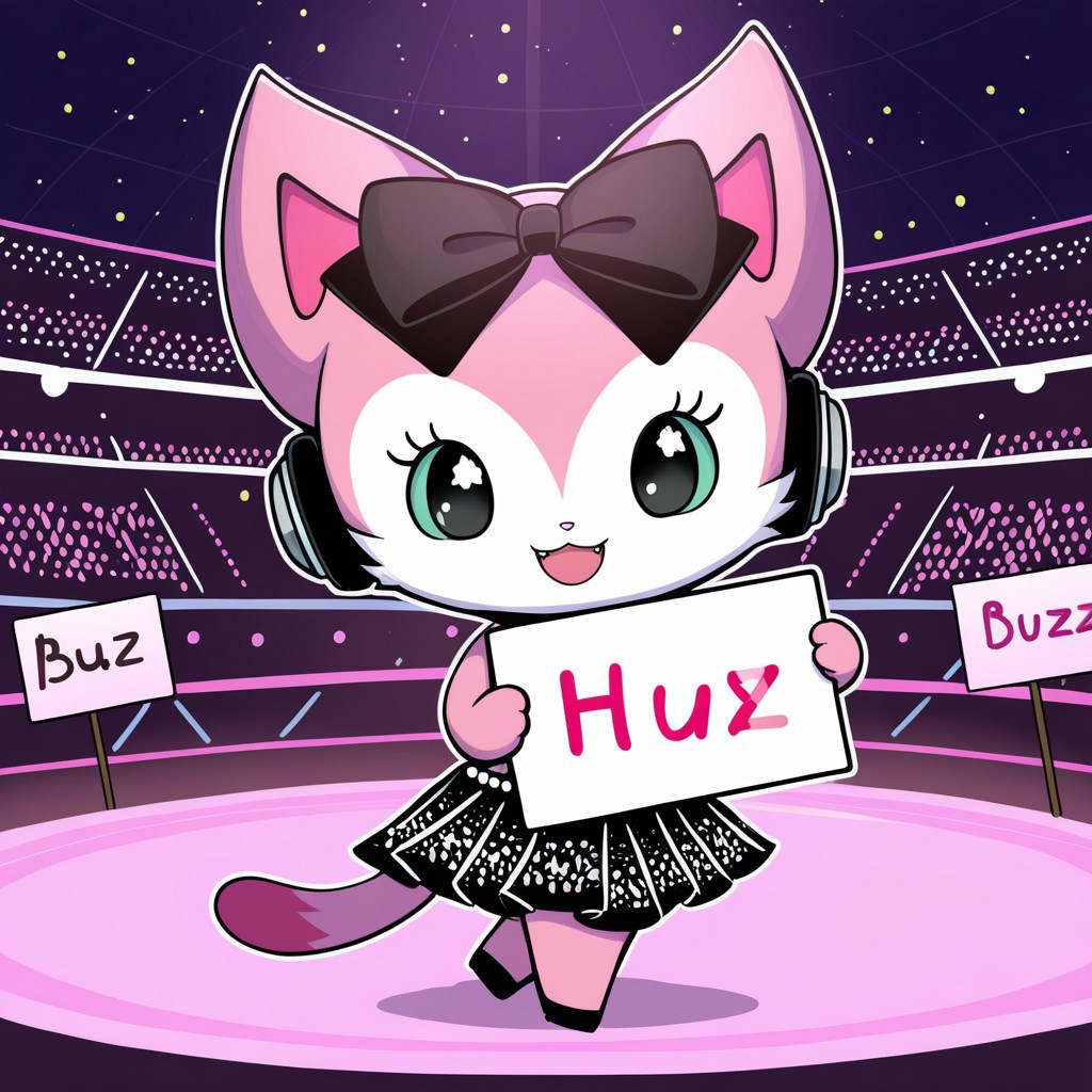 score_9, score_8_up, score_7_up, score_6_up, score_5_up,
best quality, masterpiece, smirks, Full Body, Romantic, Small Body, Furry, looking_pleasured, mia, cat, furry, colored sclera, black hair bow, tail, chibi, feral, music stadium, dancer dress, dancing, holding a sign, ((text on sign "buzz for hug")) a sign said " buzz plz", headphones with mic, mouth open,