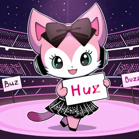 score_9, score_8_up, score_7_up, score_6_up, score_5_up,
best quality, masterpiece, smirks, Full Body, Romantic, Small Body, Furry, looking_pleasured, mia, cat, furry, colored sclera, black hair bow, tail, chibi, feral, music stadium, dancer dress, dancing, holding a sign, ((text on sign "buzz for hug")) a sign said " buzz plz", headphones with mic, mouth open,