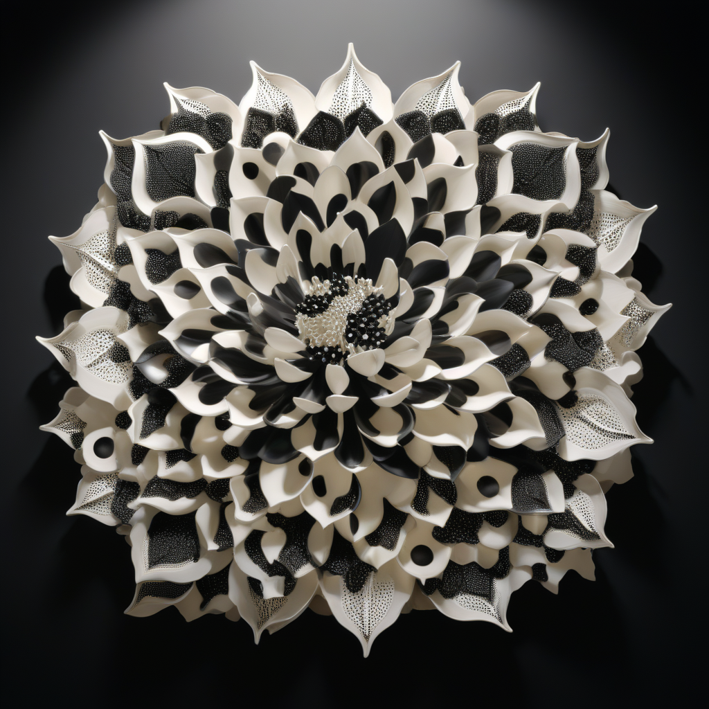 Entitled Binary Bloom, this artwork bathes in a serene palette of binary blacks and whites, The delicate interplay of shadows and illumination mimics the essence of creation itself, Through meticulous algorithmic patterning, the piece invites contemplation on the binary nature of existence and the symbiotic relationship between the organic and the artificial, ultrarealistic, hyperdetailed, cinematic, 8k, octane render, <lora:xl_more_art-full_v1:1>