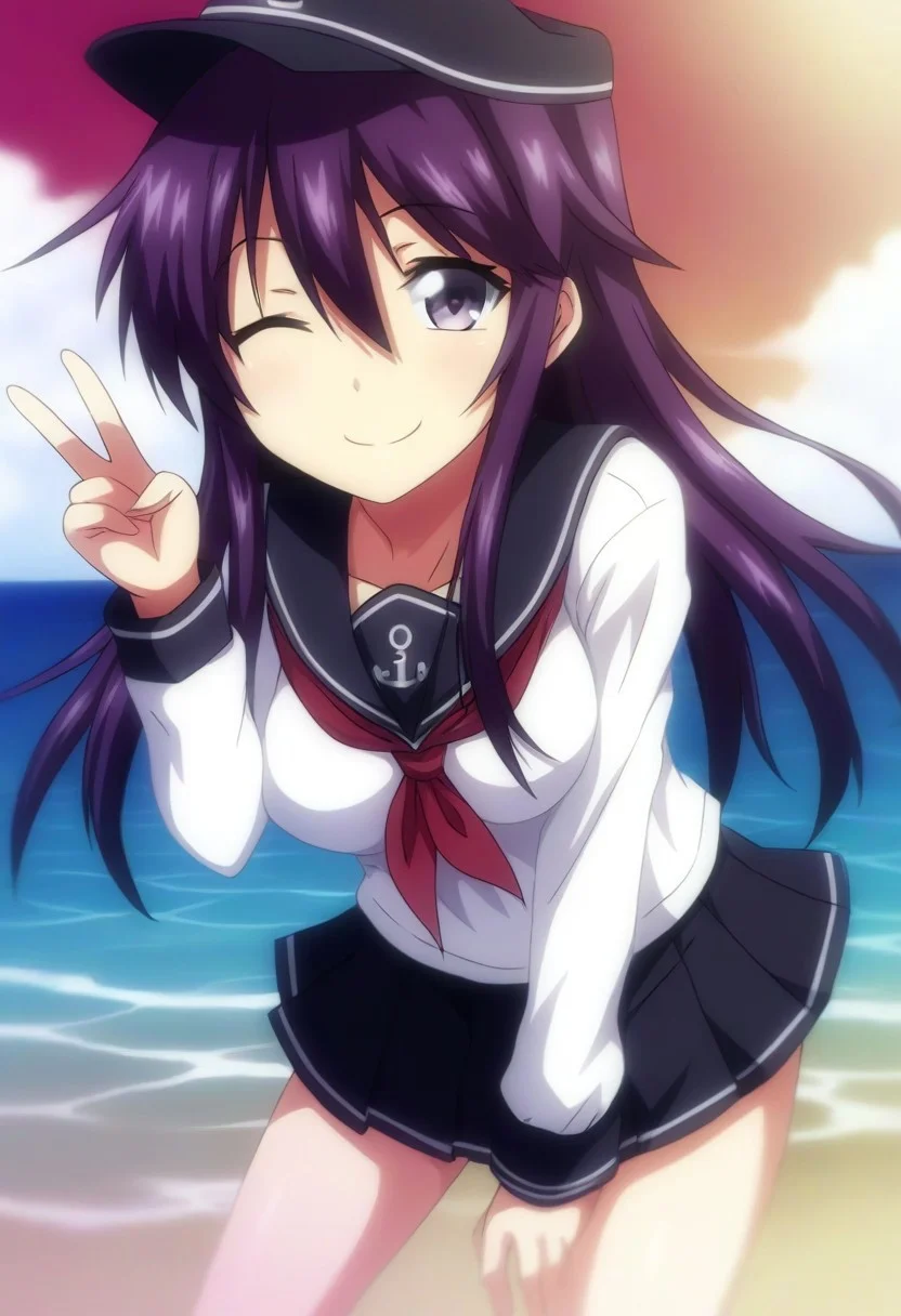 score_9,score_8_up,score_7_up,source_anime,anime, BREAK,
JoshiLuck_AnimeStyle,
(cute),1girl, akatsuki (kancolle), (medium breasts), purple hair, long hair, hair between eyes, purple eyes,
serafuku, black flat cap, black sailor collar, black mini skirt, long sleeves, neckerchief, red neck ribbon, sailor collar,
looking at viewer,
smile, cheerful, wink, v sign,
(any pose),
angle:random,
outdoors, shiny light, beach,