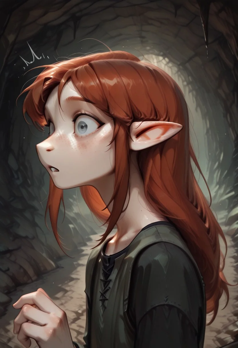 1person, solo, Lapanya, Malgha, freckles, pointy ears, Long-sleeve black shirt, green tunic,
Wide eyes, dilated pupils, surprised expression,
Close up, side view,
Underground, organic cavern,
Masterpiece, high quality, highly detailed, perfect eyes,