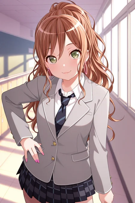 masterpiece, best quality, amazing quality,
<lora:Lisa_IL:1> lisa_imai, 1girl, solo, necktie, skirt, school uniform, school, gyaru, earrings, long hair, jewelry, striped necktie, jacket, brown hair, smile, hand on hip, looking at viewer, green eyes, pleated skirt, grey jacket, long sleeves, bangs, striped, plaid skirt, plaid, collared shirt, shirt, yotsuba school uniform