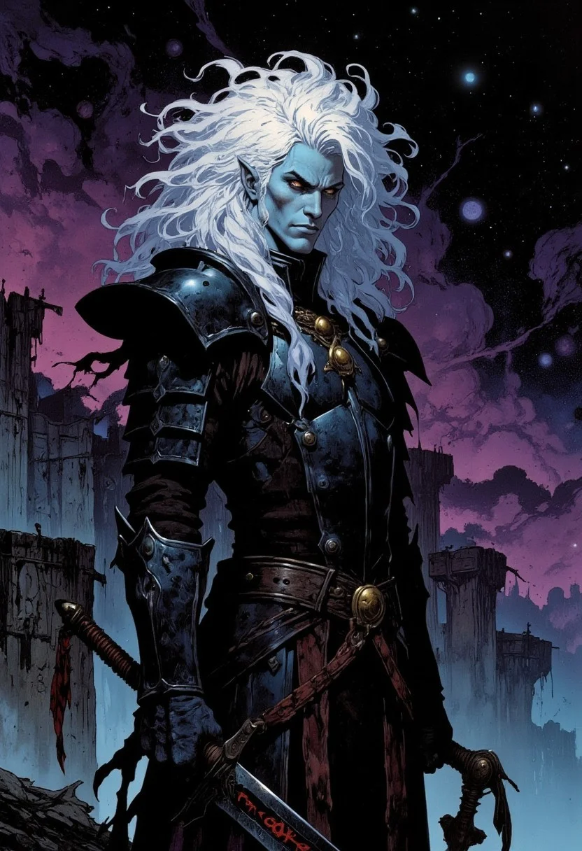 a comic book style of a male white haired albino elf king in black plate armor holding a black longsword with "स्टोर्मबृंगेर" in glowing red runes on the blade, ((high fantasy space background))