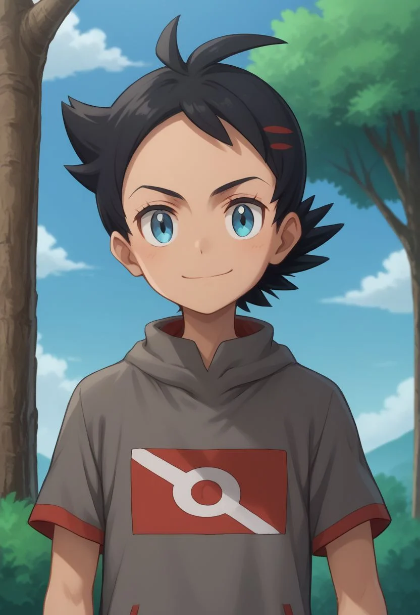 score_9, score_8_up, source_anime, highly detailed, 1boy, solo, skinny, human child,
go2, blue eyes, smile, male focus, closed mouth, tree, shirt, short sleeves, black hair, grey shirt, eyelashes
outdoor,