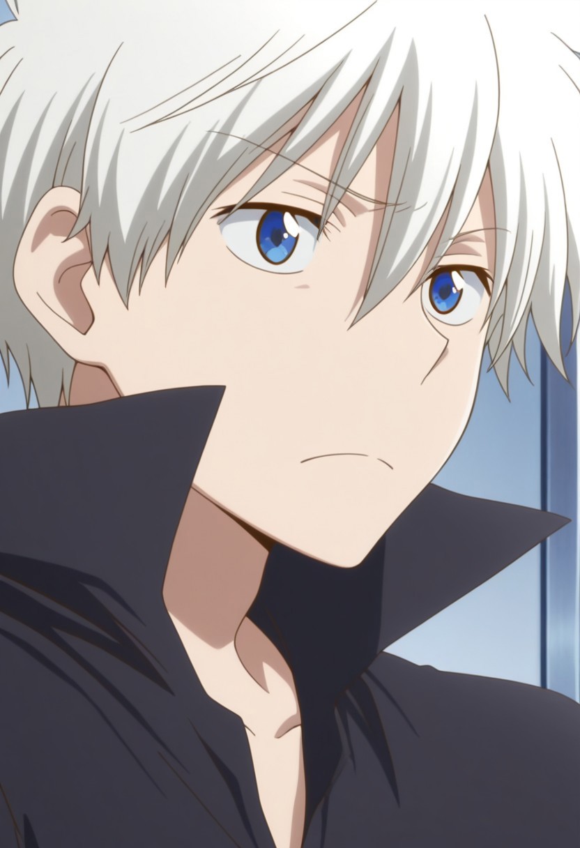 masterpiece,best quality,amazing quality, source_anime, 
ZenWistaria, 1boy, male focus, solo, blue eyes, white hair, shirt, black shirt, popped collar, portrait, frown, cute,