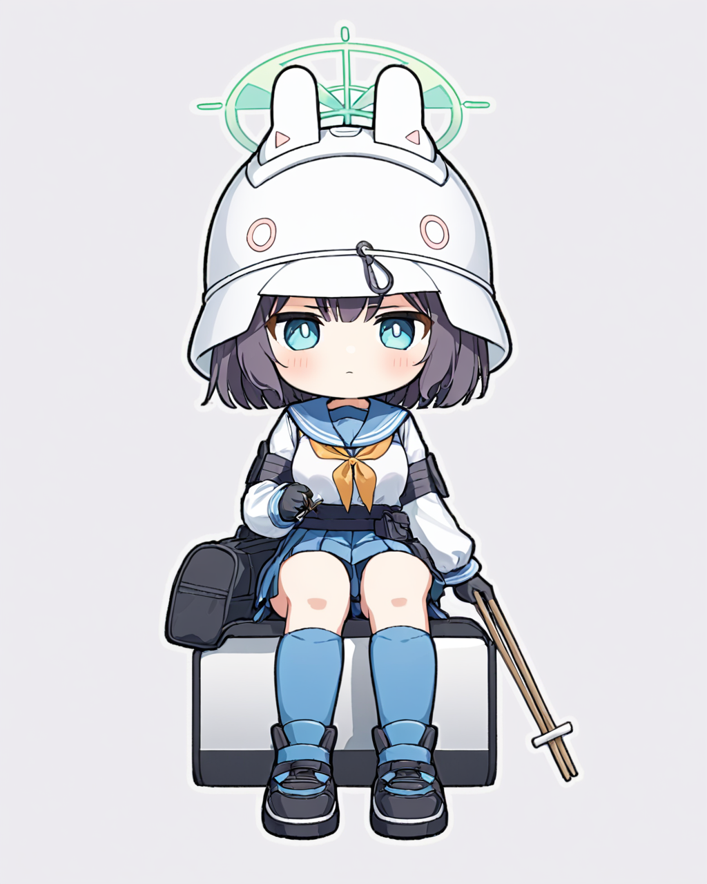 saki \(blue archive\),1girl, puffy_long_sleeves, solo, closed_mouth, helmet, black_footwear, shoes, eating, halo, chibi, food_on_face, black_gloves, holding_chopsticks, knee_pads, sitting, white_shirt, bag, blue_sailor_collar, :i, :t, controller, full_body, white_background, looking_at_viewer, grey_footwear, neckerchief, blush, serafuku, pleated_skirt, short_eyebrows
<lora:saki_(blue_archive)_image1485_2023-11-28-000012:1>halo. gorgeous,key visual, vibrant, studio anime,award-winning, professional, highly detailed,high budget, cinemascope