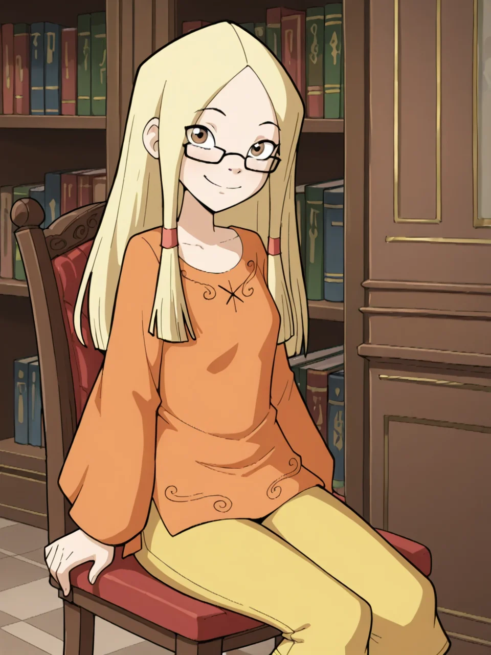 (masterpiece,best quality,newest,absurdres,highres), Gr3taBarrym0re, 1girl, solo, long hair, blonde hair, glasses, orange shirt, long sleeves, yellow capri pants, smile, looking at viewer, library, chair, sitting on chair <lora:Greta_Barrymore_IllustriousXL:1>