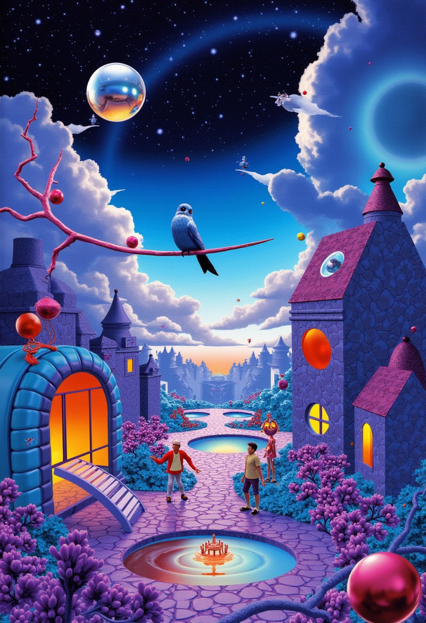 a surreal, dreamlike digital artwork with a futuristic, retro-futuristic, or fantastical atmosphere. The scene should blend whimsical, high-contrast, neon-lit elements with a sense of cosmic or ethereal depth. Include reflective, metallic surfaces, abstract geometric shapes, or organic structures. Use a vibrant color palette with gradients of deep blue, purple, and occasional bursts of red, yellow, or orange. The composition should evoke a sense of mystery and otherworldliness, with elements such as humanoid figures, floating objects, and landscapes that transition between digital and natural textures, giving a sense of timeless, science fiction-inspired surrealism.
A blue bird sitting on a branch, looks down on a beautiful village, morning, people busy doing daily chores