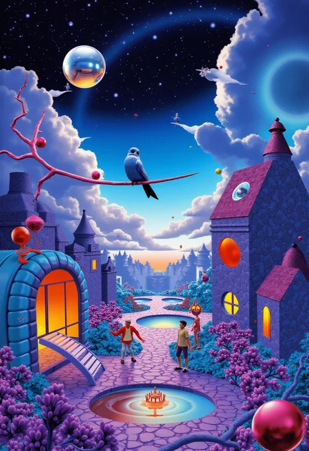 a surreal, dreamlike digital artwork with a futuristic, retro-futuristic, or fantastical atmosphere. The scene should blend whimsical, high-contrast, neon-lit elements with a sense of cosmic or ethereal depth. Include reflective, metallic surfaces, abstract geometric shapes, or organic structures. Use a vibrant color palette with gradients of deep blue, purple, and occasional bursts of red, yellow, or orange. The composition should evoke a sense of mystery and otherworldliness, with elements such as humanoid figures, floating objects, and landscapes that transition between digital and natural textures, giving a sense of timeless, science fiction-inspired surrealism.
A blue bird sitting on a branch, looks down on a beautiful village, morning, people busy doing daily chores