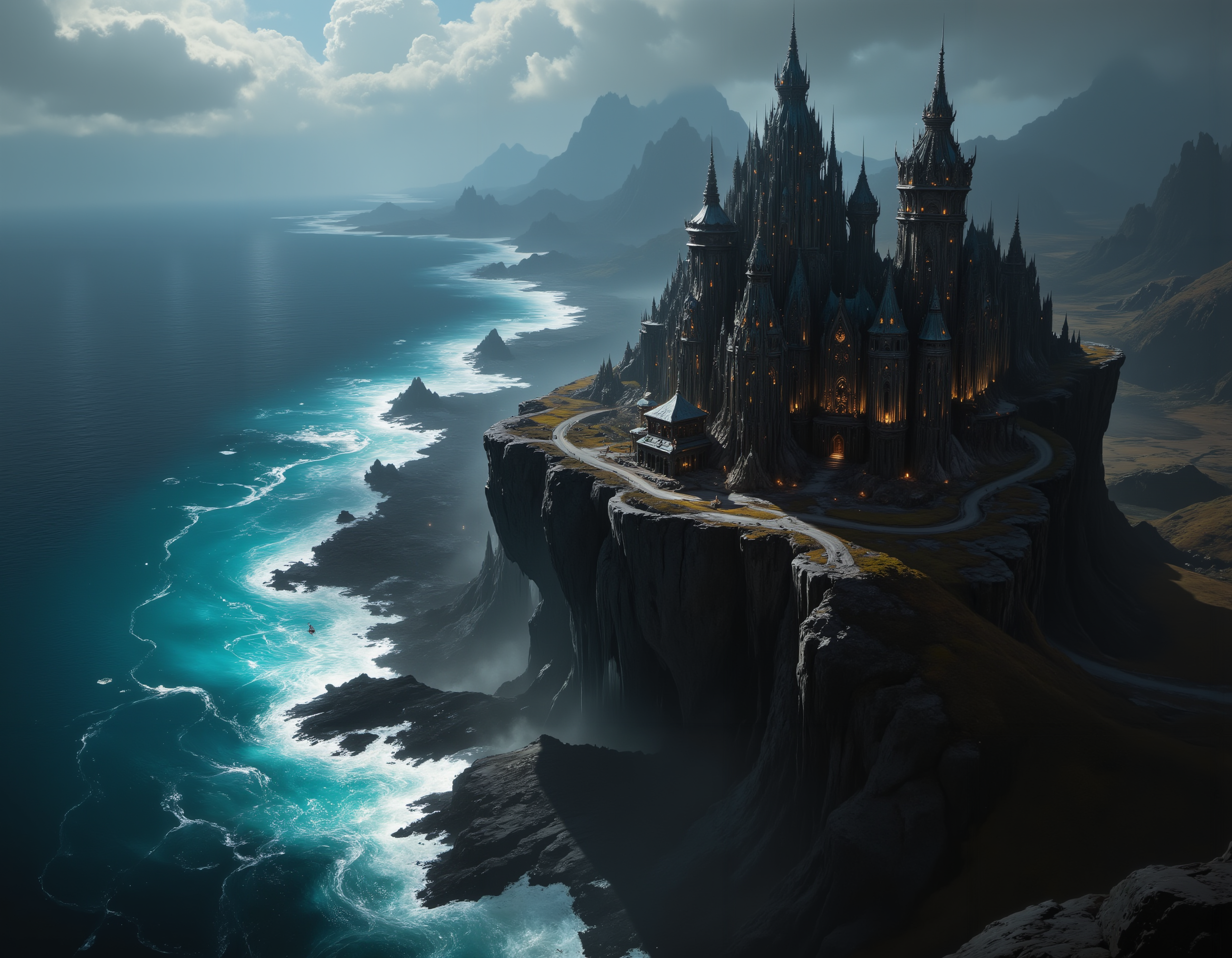 Birds eye view, An atmospheric and powerful dark fantasy image,  of a beautiful castle on the cliffs, with a beautiful ocean below
 