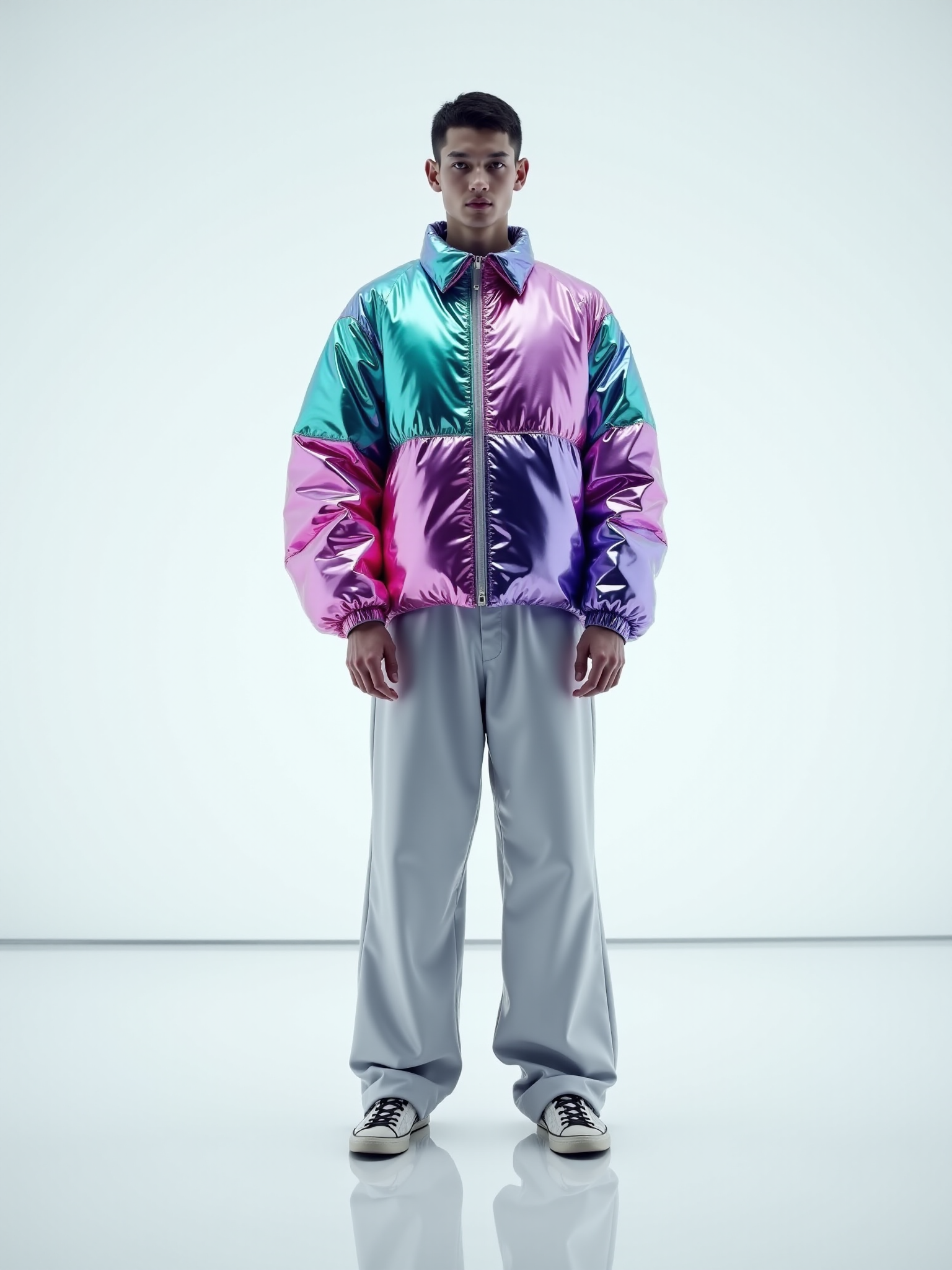 A full-body shot of a male model in a bright white setting, creating high contrast. He wears a jacket that has large panels with a pronounced futurism hyperreal iridescent finish in vivid colors like cyan and magenta. The jacket itself seems slightly glowing from within. The highly polished white floor creates striking, clean reflections of his colorful, hyperreal form. This digital art composition is stark yet vibrant, captured cinematically for a bold, modern fashion statement with a shiny, good vibe.
<lora:ral-iridescent-hyperreal-futurism-flux_000003000:1>