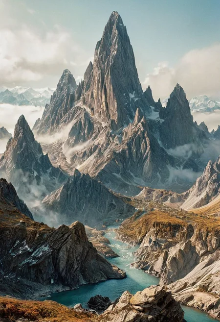 towering mountains loom, their peaks veiled in mist.precious stones, concept art, hyper detailed intricately  intricately detailed, complex, elegant, expansive, fantastical, film photography style,  medium grain, FRESHIDESH Moebius comic book