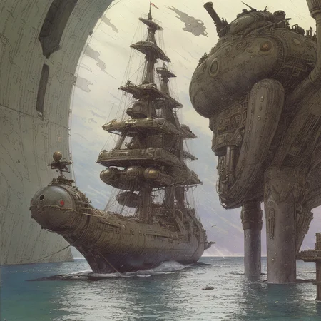(Masterpiece), artwork, moebius steampunk, a picture of a white egyptian steampunk battleship, passing by on open sea, rain, water-fountains, steamclouds, ship-chimneys, clouded sky, (view from the side), best quality, ultra high res, cinematic lighting, dramatic lighting, glorious, spectacular, dslr, ultra quality, sharp focus, tack sharp, dof, film grain, technicolor, Fujifilm XT3, photorealistic, 8K UHD <lora:Don_Lawrence_Storm_v1:0.9>, dlstormstyle, <lora:Moebius:0.9> <lora:Nouveau_last:0.9>, art nouveau Style