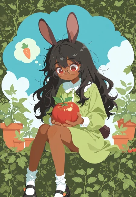 artist:moriimee, G0thicL1nes, portrait, dark light, (brown skin), (1 rabbit girl:2), (solo), black hair, glossy hair, bored, glasses, messy hair, rabbit tail, long hair, cute garden, (rabbit ears), holding tomato, clouds, (close up:1), single ladybug on leaf, carrot, dew on plants, tomato plants, flat style, flat chest, red eyes, looking down, potted plants, large eyes, green dress, socks, mary janes, blue sky, garden background, (flat color), (no lineart), schoolgirl outfit, leaves in foreground, BREAK thought bubble, thinking about carrots, carrot in thought bubble